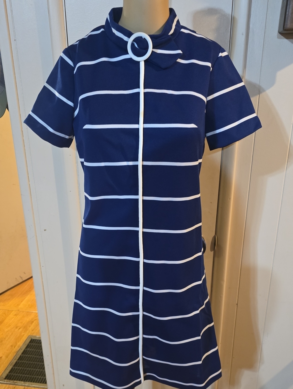 1960's Burt Stanley Mod Navy and White Striped Scooter Dress with Ring Collar